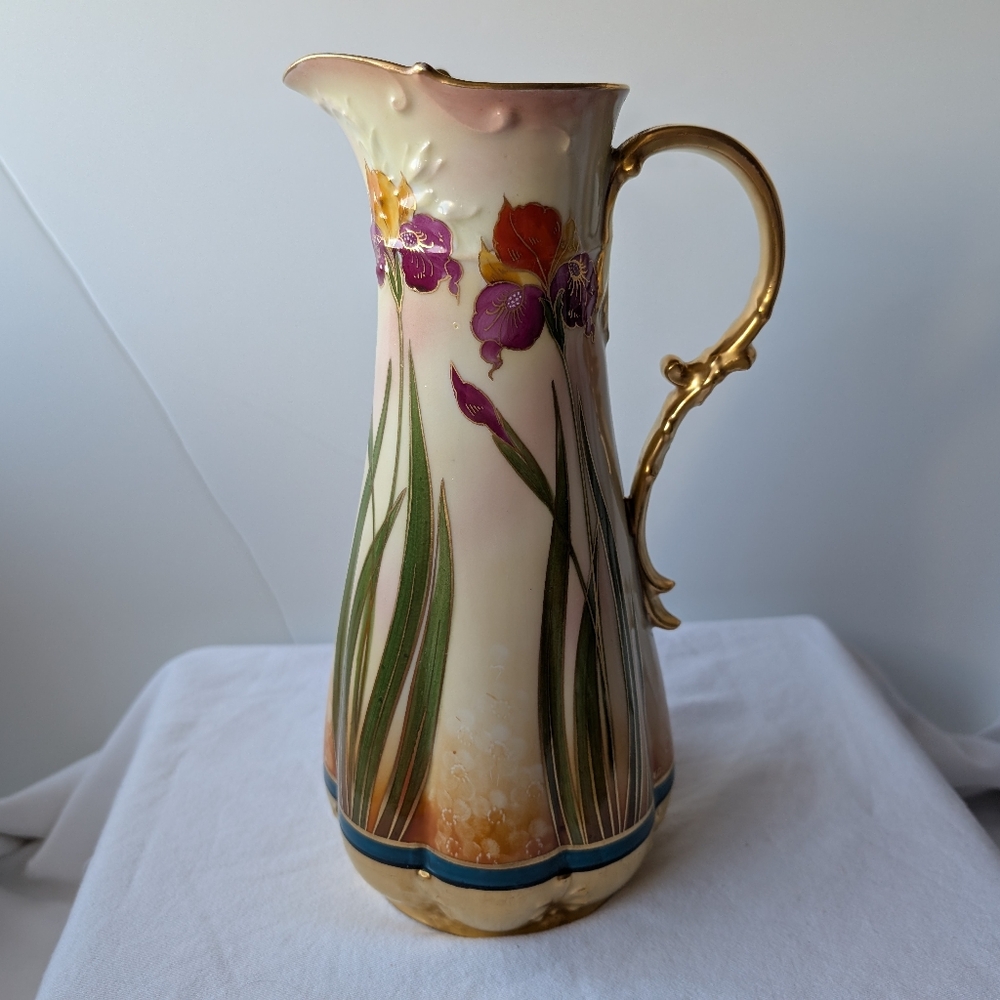 Vintage Pickard Limoges GDA Handpainted Floral Gold Handled Pitcher Signed LIND